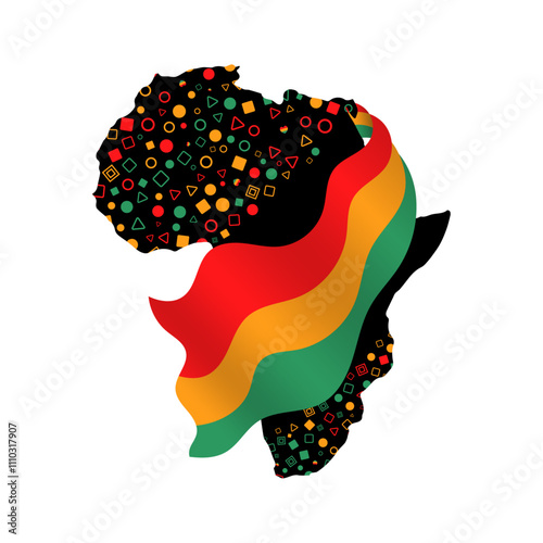African continent illustration design with red, yellow and green flag decoration for Black History Month campaign. Black History Month illustration with transparent background