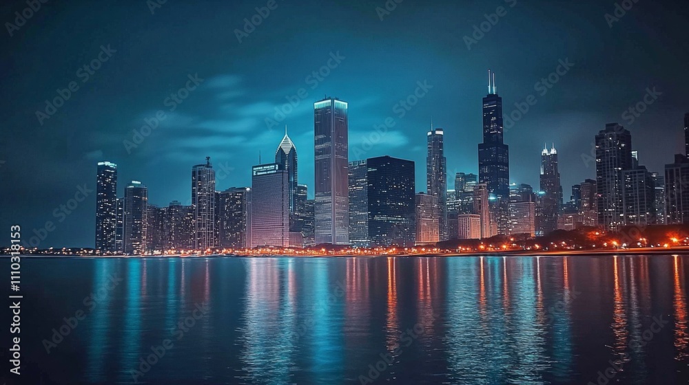 Fototapeta premium Night view Chicago skyline from across water sky dazzling illuminated