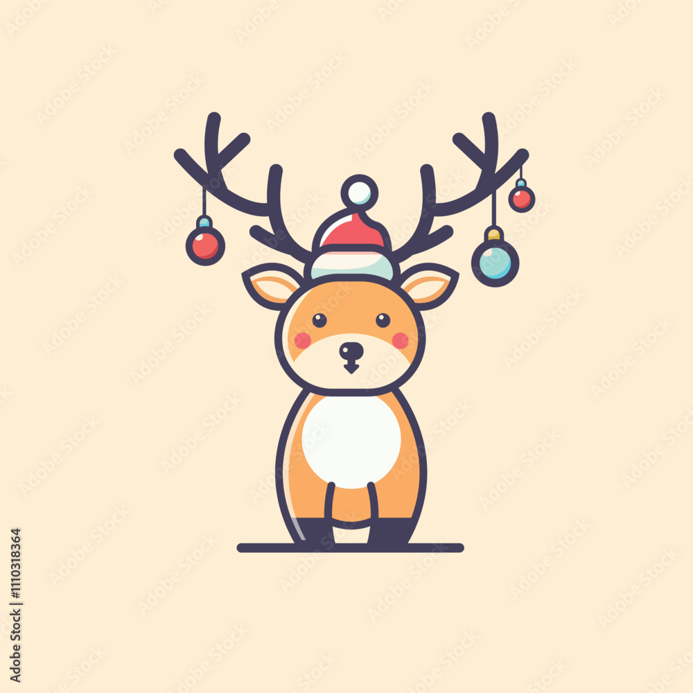 Naklejka premium Cute Festive Deer Illustration with Christmas Hat and Ornaments