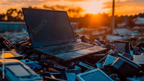 Laptop computer sitting top pile electronic devices is ewaste of discarded