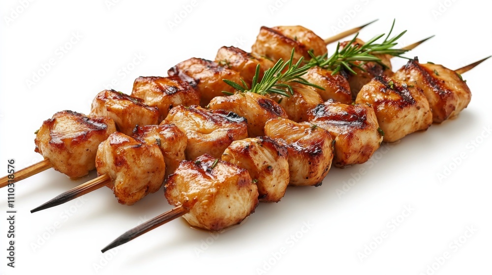 Group grilled chicken skewers white background are made hyperrealistic Group grilled chicken skewers white background are made hyperrealistic