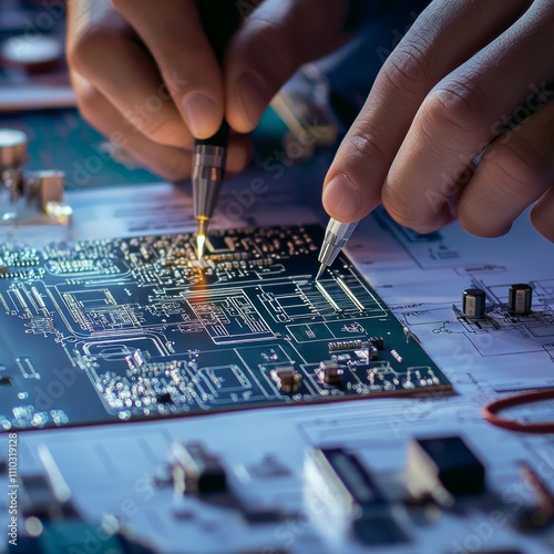 Electronic board, magnifying glass and tweezers on background of  schematic circuit diagram. Concept for development and design of electronic devices. photo