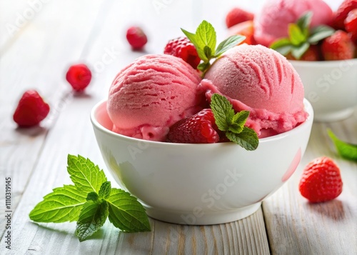 Pink Ice Cream Dessert, Raspberry Strawberry Ice Cream, Two Scoops, Summer Treat, Sweet Dessert, Delicious Ice Cream, White Bowl, Fresh Berries, Creamy Ice Cream, Cold Dessert, Summer Food