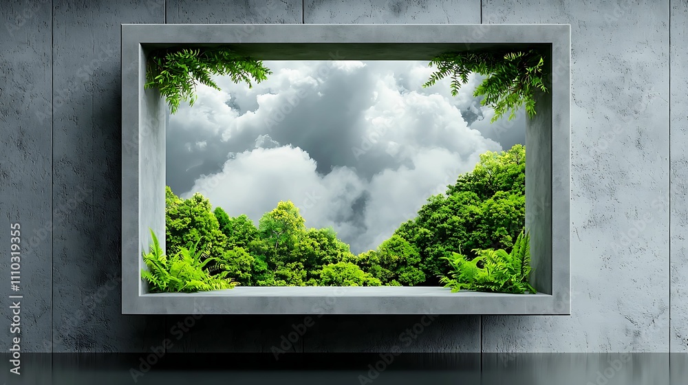 Natural transpiration. A serene view of lush greenery framed by a modern concrete structure, showcasing a vibrant natural landscape against cloudy skies. Natural transpiration. A serene view of lush greenery framed by a modern concrete structure, showcasing a vibrant natural landscape against cloudy skies.