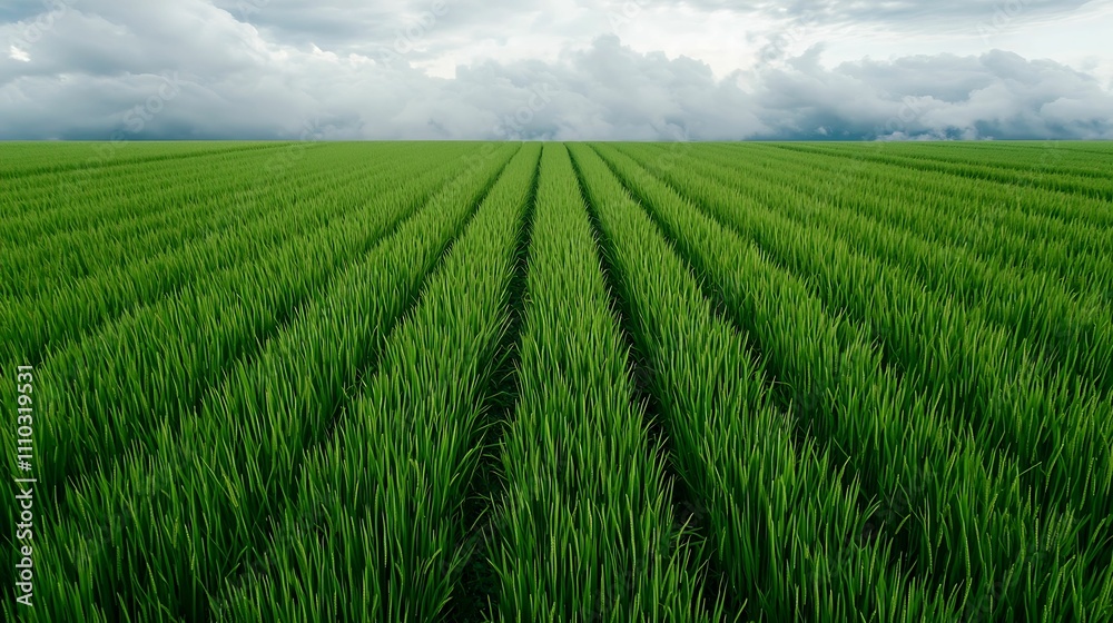 Natural transpiration. Lush green rice fields stretch under a cloudy sky, showcasing vibrant rows of crops in a serene agricultural landscape. Natural transpiration. Lush green rice fields stretch under a cloudy sky, showcasing vibrant rows of crops in a serene agricultural landscape.