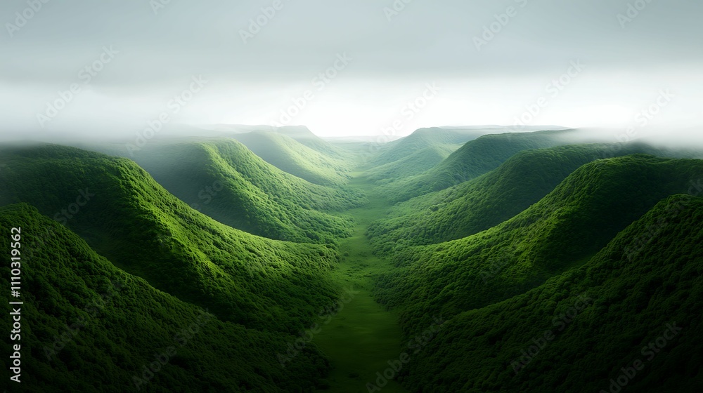 Fototapeta premium Natural transpiration. Lush green valleys stretch beneath a foggy sky, creating a serene and tranquil landscape rich in natural beauty.