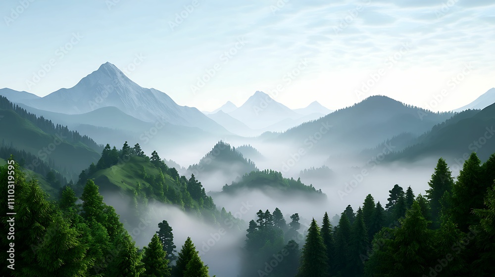 Obraz premium Natural transpiration. A serene mountain landscape shrouded in mist, with lush greenery and towering peaks under a soft blue sky.