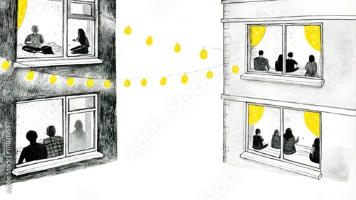 A captivating nighttime view showcases the city alive with a cascade of lights that le like stars. Reverent silhouettes of individuals can be seen through illuminated windows. Cartoon