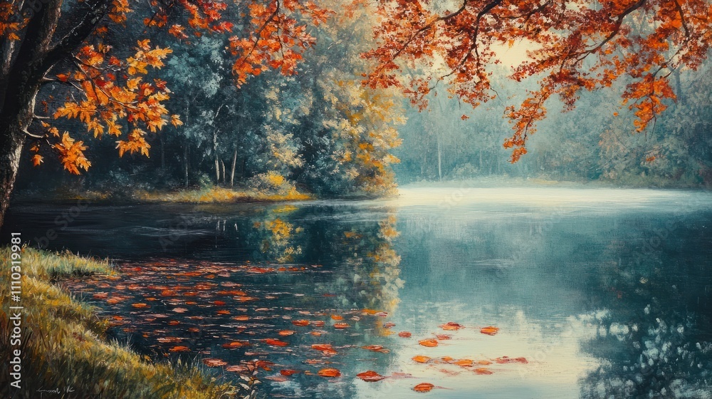 A peaceful lake reflects vibrant autumn leaves under a soft morning mist, inviting contemplation and tranquility A peaceful lake reflects vibrant autumn leaves under a soft morning mist, inviting contemplation and tranquility