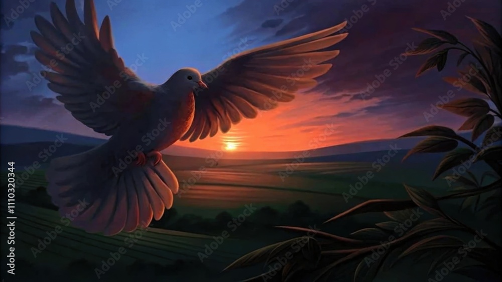 Obraz premium A dove soars above a field during a gentle breeze its feathers ruffled slightly by the wind. The sun sets in the distance painting the sky in soft hues of lavender and gold while. Cartoon