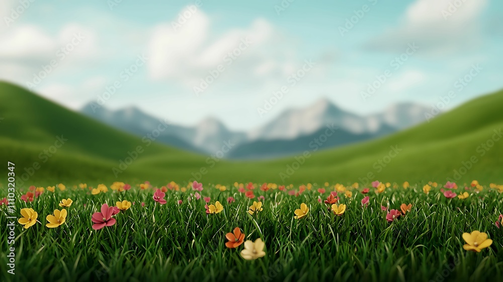 Fototapeta premium Natural transpiration. A vibrant landscape showcasing colorful flowers in a grassy field, framed by majestic mountains and a clear blue sky.