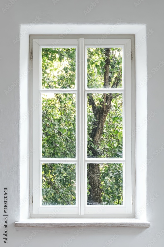White window, green leafy tree view. White window, green leafy tree view.