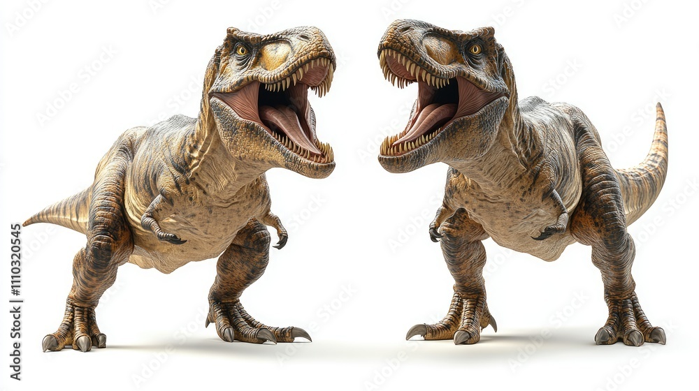 Two roaring dinosaurs depicted in a dynamic pose, showcasing their fierce appearance. Two roaring dinosaurs depicted in a dynamic pose, showcasing their fierce appearance.