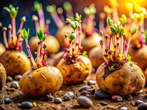 Surreal Sprouted Potato Closeup: Ready to Plant, Rootlets Visible, Macro Photography photo