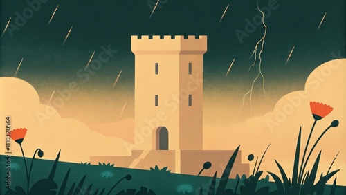 A fortresslike tower stands proud on a cliff surrounded by dark menacing clouds. The heavy rain creates a mist that envelops the base of the tower while bolts of lightning strike. Cartoon photo