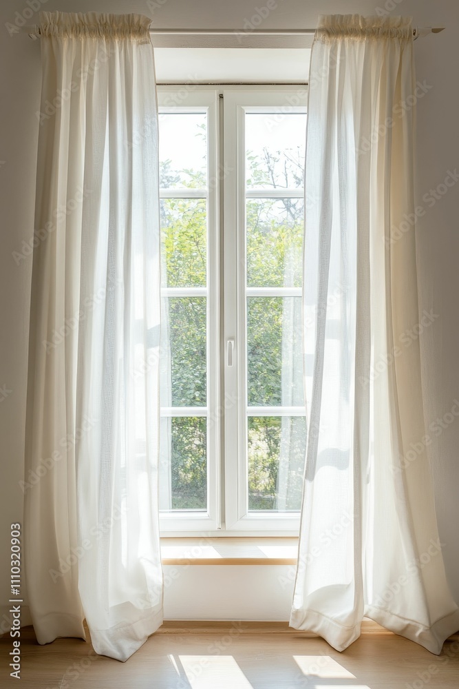 Sunlight streams through sheer curtains onto wood floor. Sunlight streams through sheer curtains onto wood floor.