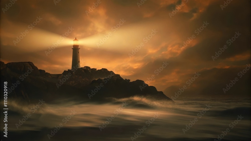 A lone lighthouse standing on rocky cliffs silhouetted against the backdrop of a dramatic sunset. Rays of light emit from the lighthouse piercing through the clouds symbolizing. Cartoon A lone lighthouse standing on rocky cliffs silhouetted against the backdrop of a dramatic sunset. Rays of light emit from the lighthouse piercing through the clouds symbolizing. Cartoon