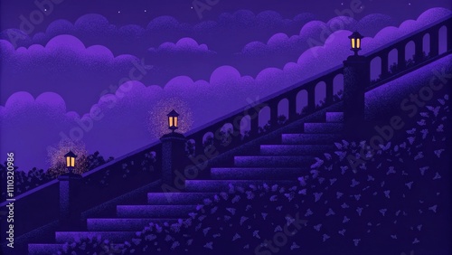A majestic stone staircase rugged yet inviting stretches upward into a sky filled with fluffy cottonlike clouds. Ivy wraps around the base and delicate lanterns line the railing. Cartoon photo