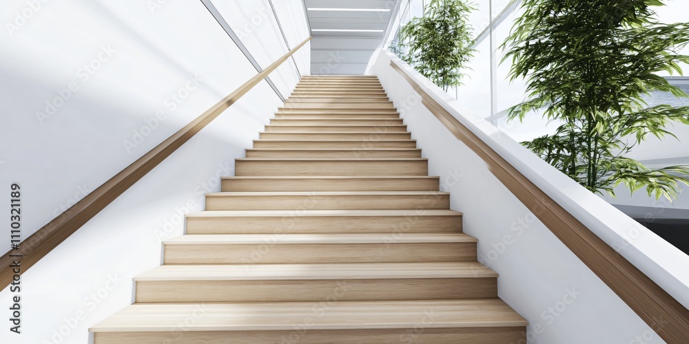 A modern staircase leading upwards in a bright, minimalistic interior space. A modern staircase leading upwards in a bright, minimalistic interior space.