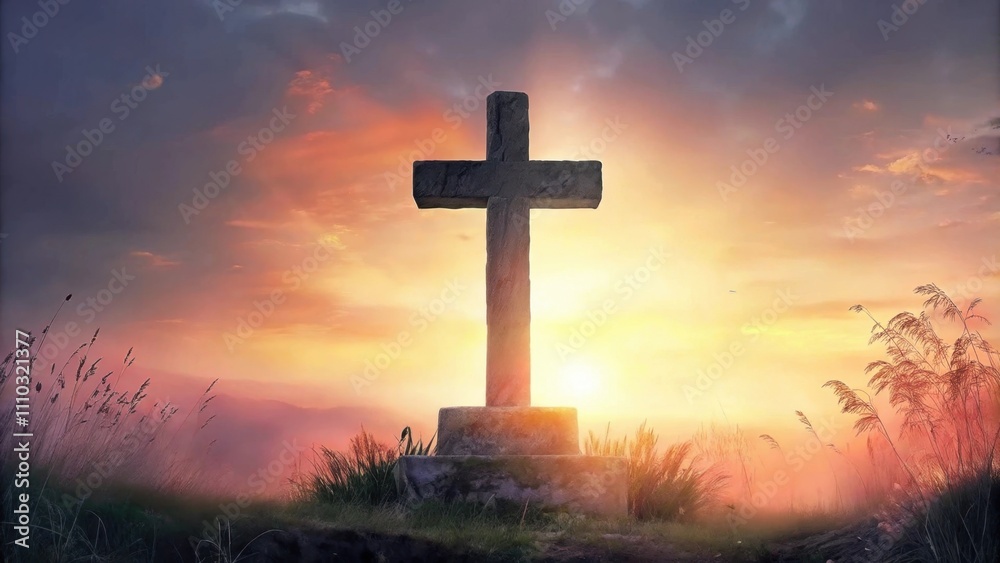 An imposing stone cross stands atop a grassy knoll silhouetted against the breathtaking colors of sunrise. The sun breaks through the horizon casting a warm glow that reflects off. Cartoon