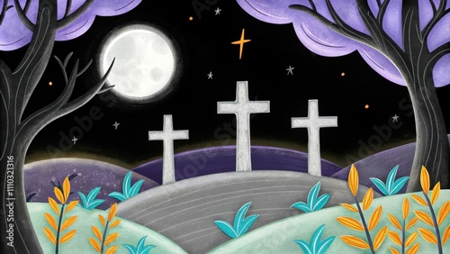 A night scene illuminated by moonlight where the stark outlines of the three crosses loom in the dark. A gentle breeze moves through the surrounding trees their leaves whispering. Cartoon photo