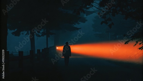 A night scene shrouded in mist depicting a figure strolling along a winding path with ethereal light glimmering off dewdrenched leaves. Shadows dance around the figure hinting at. Cartoon photo