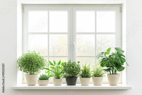 Windowsill, potted plants, green foliage, bright interior.