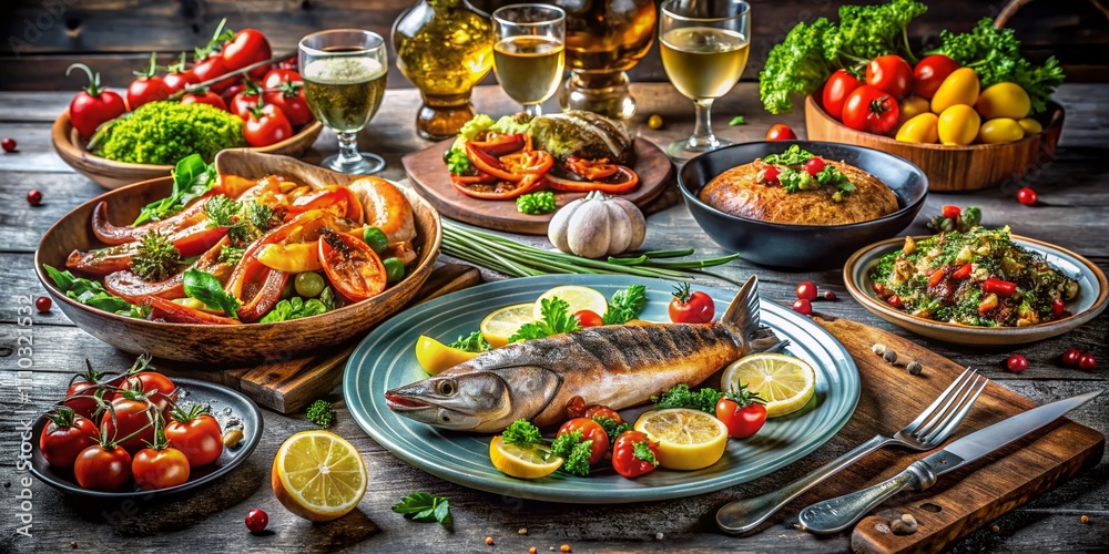 Exquisite Gourmet Seafood and Meat Assortment Artfully Arranged with Fresh Ingredients for a Luxurious Dining Experience Exquisite Gourmet Seafood and Meat Assortment Artfully Arranged with Fresh Ingredients for a Luxurious Dining Experience