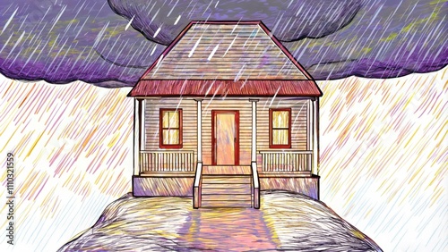 A quaint house with a covered porch fends off an impending storm firmly anchored on a solid rock base. The sky is filled with rolling dark clouds and sheets of rain pour down but. Cartoon photo