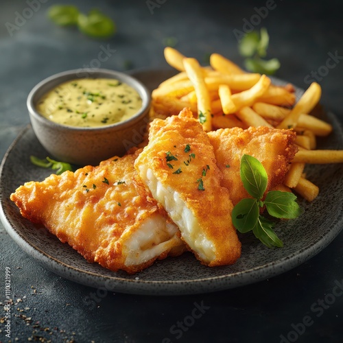 a classic fish and chips, made from a secret batter consisting of selective herbs and spices, dipped and coated using the best cod fish available, served with freshly cut chips photo