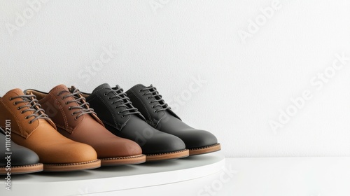 Four pairs of men's leather oxford shoes in different colors on a white display.
