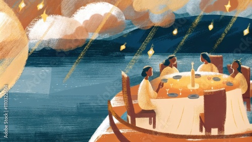 Guests adorned in flowing luminescent garments gather at a crescentshaped table overlooking a shimmering lake. The surface of the water reflects the brilliance of the scene above. Cartoon photo