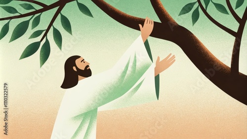 In a moment frozen in time Jesus calmly reaches upward toward Zacchaeus whose hands grip a branch tightly embodying tension and release. The backdrop of vibrant trees and the. Cartoon