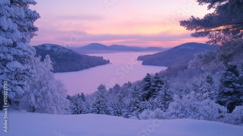Majestic winter landscape with snow-covered mountains and a serene lake at sunset
