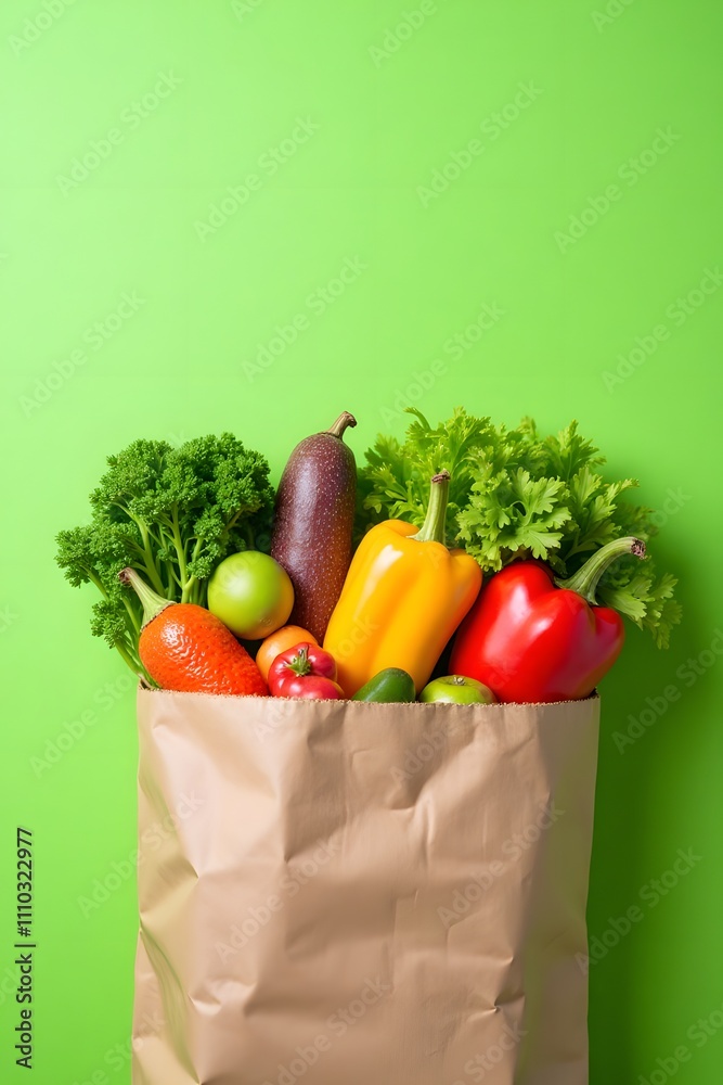 Fresh vegetables in brown paper bag against green background