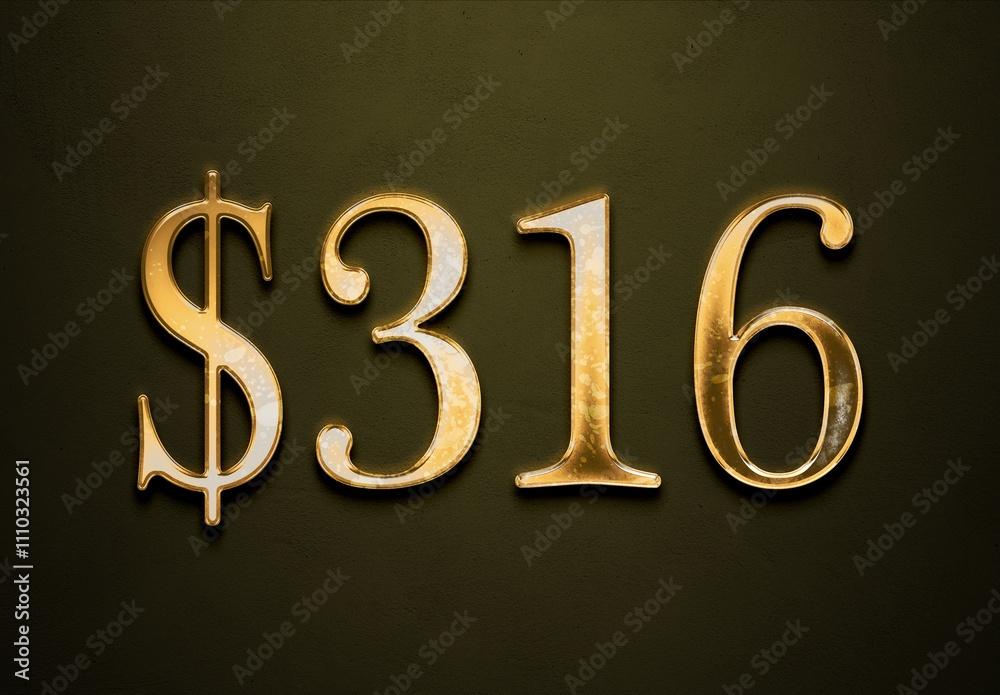 Old gold effect of 316 dollars with 3D glossy style Mockup. Old gold effect of 316 dollars with 3D glossy style Mockup.