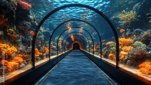 Fototapeta Naklejka Na Ścianę i Meble -  Underwater tunnel aquarium with vibrant coral reefs and diverse fish species.