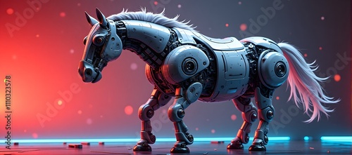 Futuristic robotic horse with metallic frame and glowing accents in sci-fi setting photo