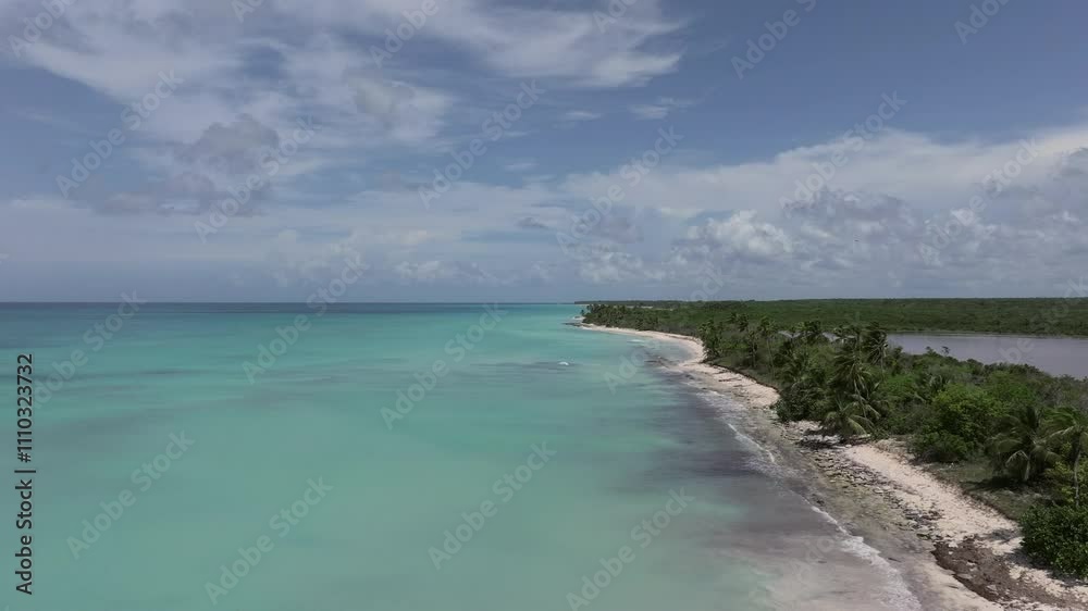 Nice Saona beach, aerial view of turquoise sea and sandy beach.Saona island, Dominican Republic.