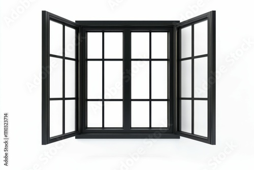 Black-framed window, panes, open, light, clean.