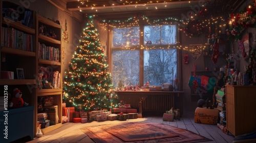 A festive Christmas scene featuring a tree A cozy living room with a towering Christma