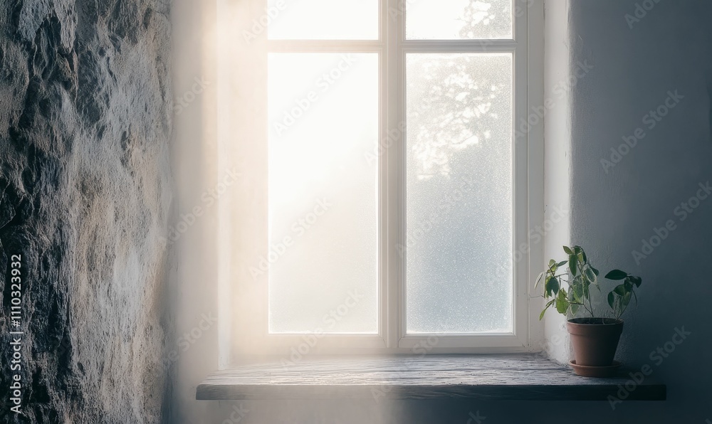 Fototapeta premium Sunlit window, plant, stone wall, wooden sill.
