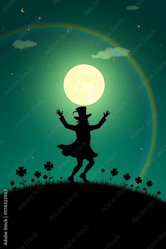 Silhouette of a dancing figure Leprechaun against full moon with rainbow and clover silhouettes Silhouette of a dancing figure Leprechaun against full moon with rainbow and clover silhouettes