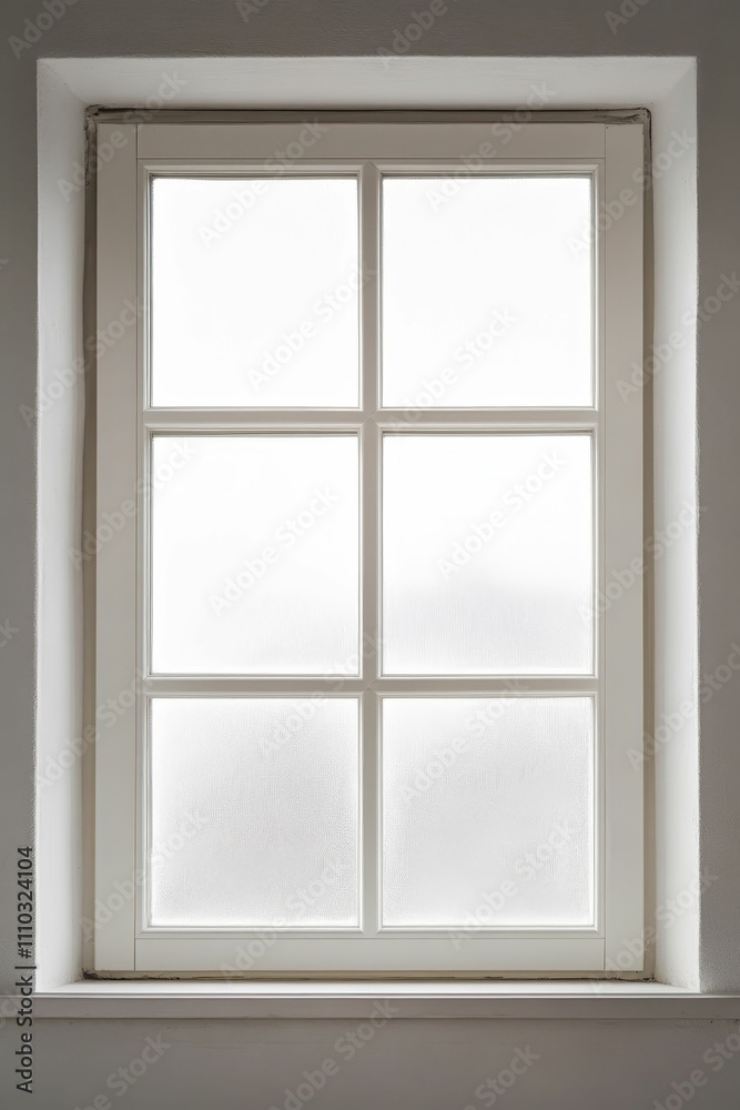 White-framed window, frosted panes, recessed setting. White-framed window, frosted panes, recessed setting.