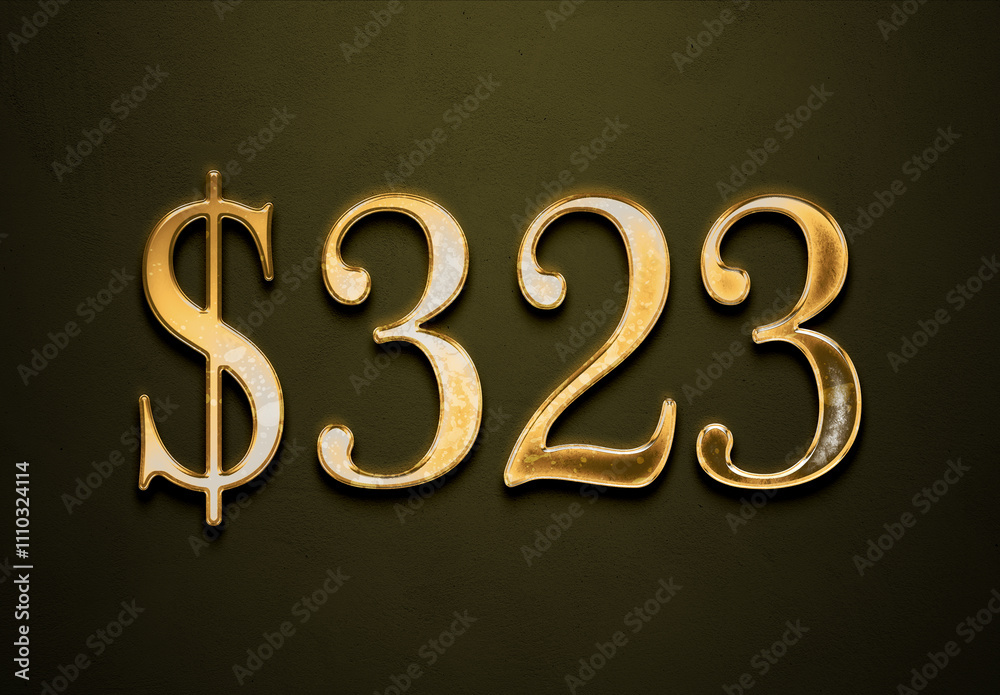 Old gold effect of 323 dollars with 3D glossy style Mockup. Old gold effect of 323 dollars with 3D glossy style Mockup.