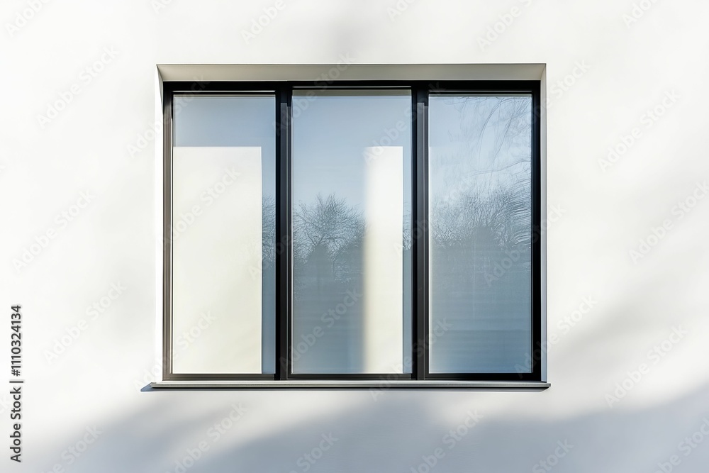 Modern window, three panes, black frame, white wall. Modern window, three panes, black frame, white wall.