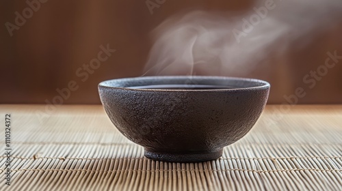 Black Ceramic Bowl with Steam Rising on a Bamboo Surface