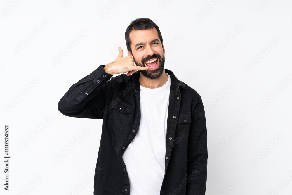 Young man with beard over isolated white background making phone gesture. Call me back sign Young man with beard over isolated white background making phone gesture. Call me back sign