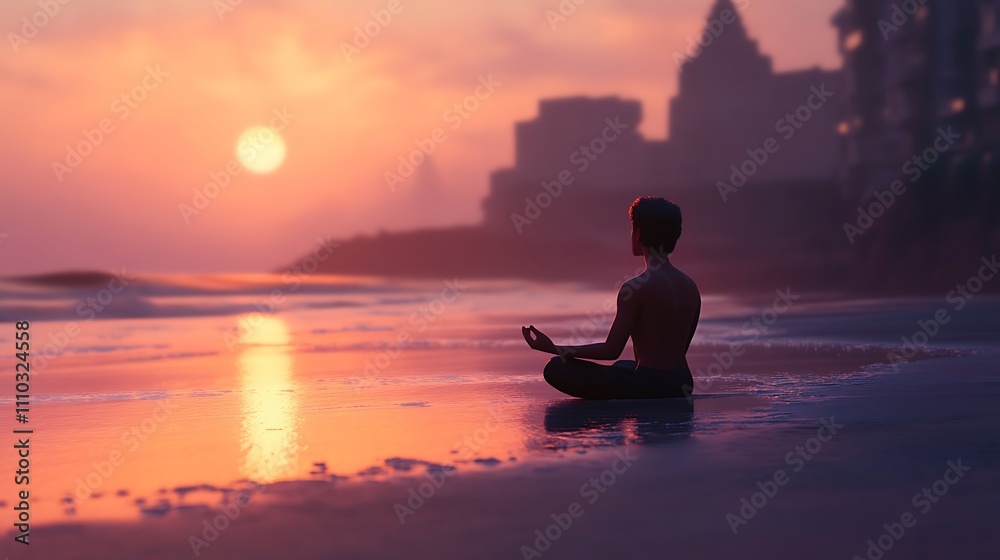 Man Meditates on Beach at Sunset Near Distant City Man Meditates on Beach at Sunset Near Distant City