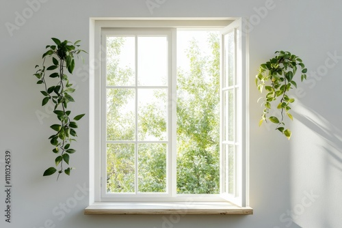 White window, open pane, sunlight, plants, windowsill.